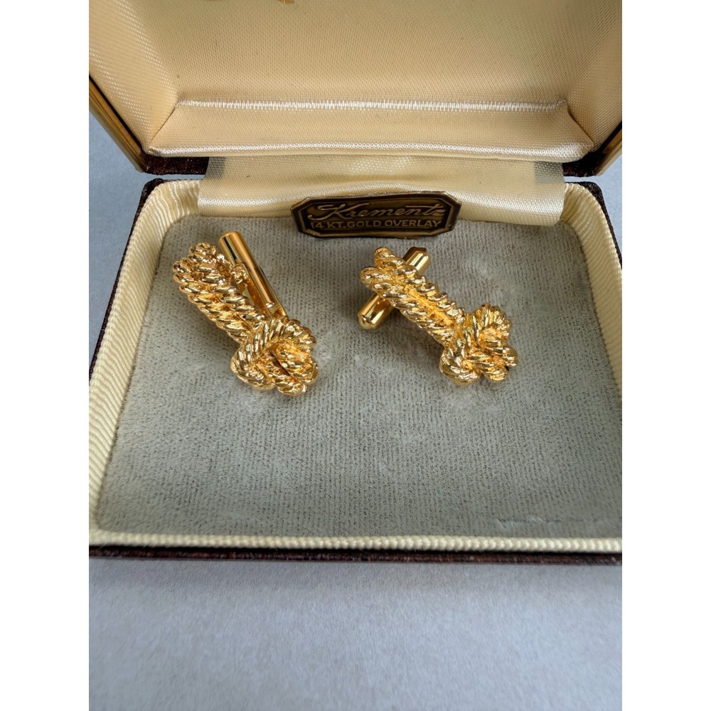 Krementz 14KT Gold Overlay Knot Cufflinks Vintage Men's Jewelry Original Box